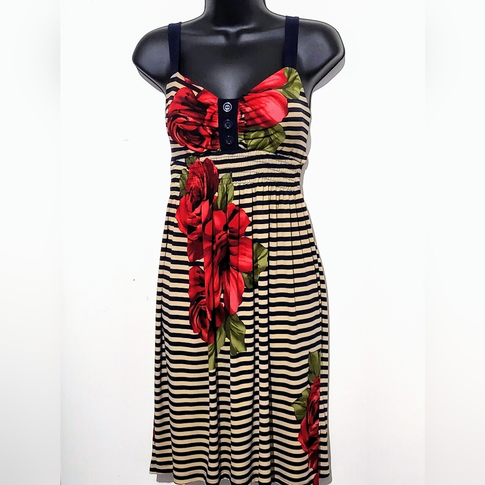 Enfocus Short Dress Striped Tan & Blue With Red Floral Design Size 10